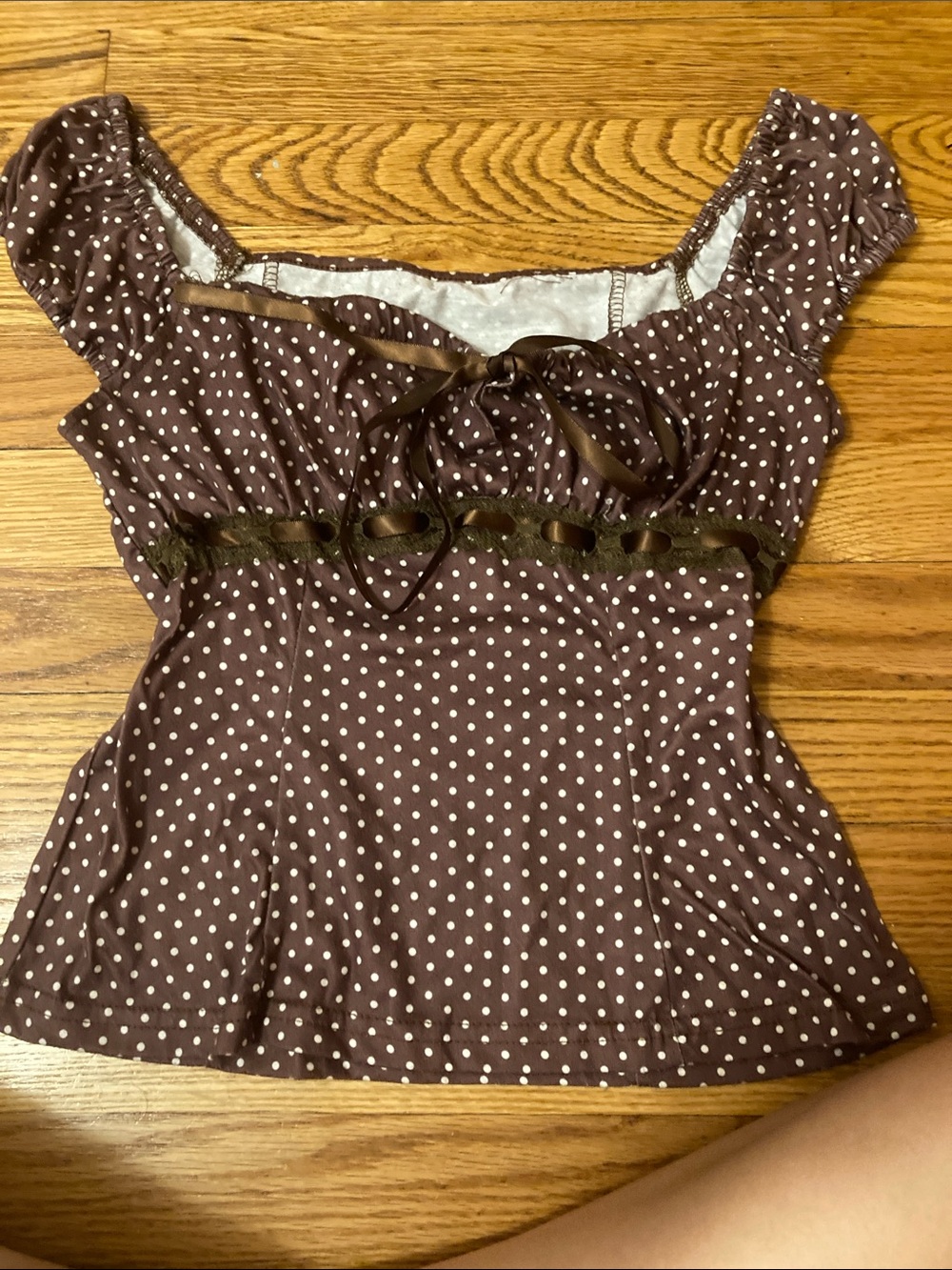 Polka Dot Brown Tie-Front Womens Blouse with Ribbon Detail
